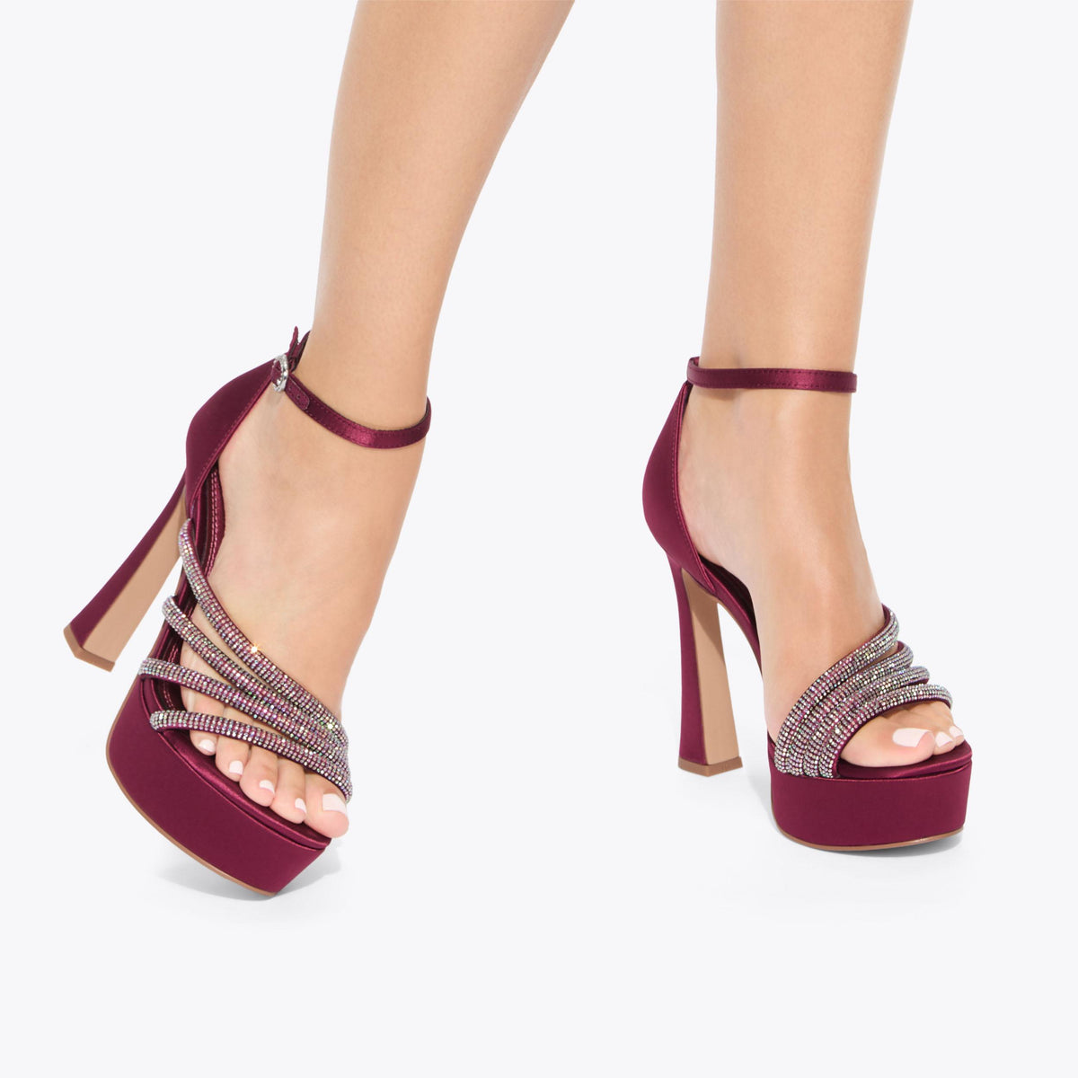 Annabel Platform Heeled Sandal in Wine Red Satin