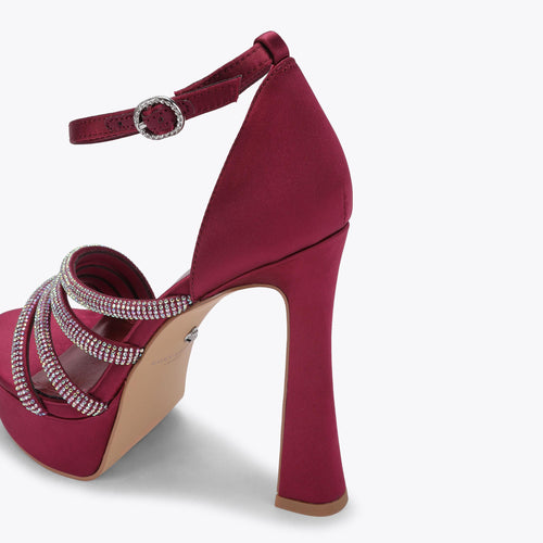 Annabel Platform Heeled Sandal in Wine Red Satin