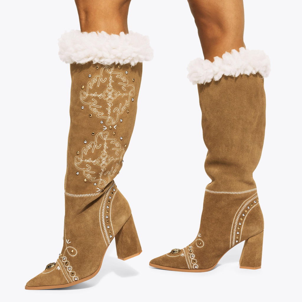 Boho Fold Over Knee Boot in Tan Suede