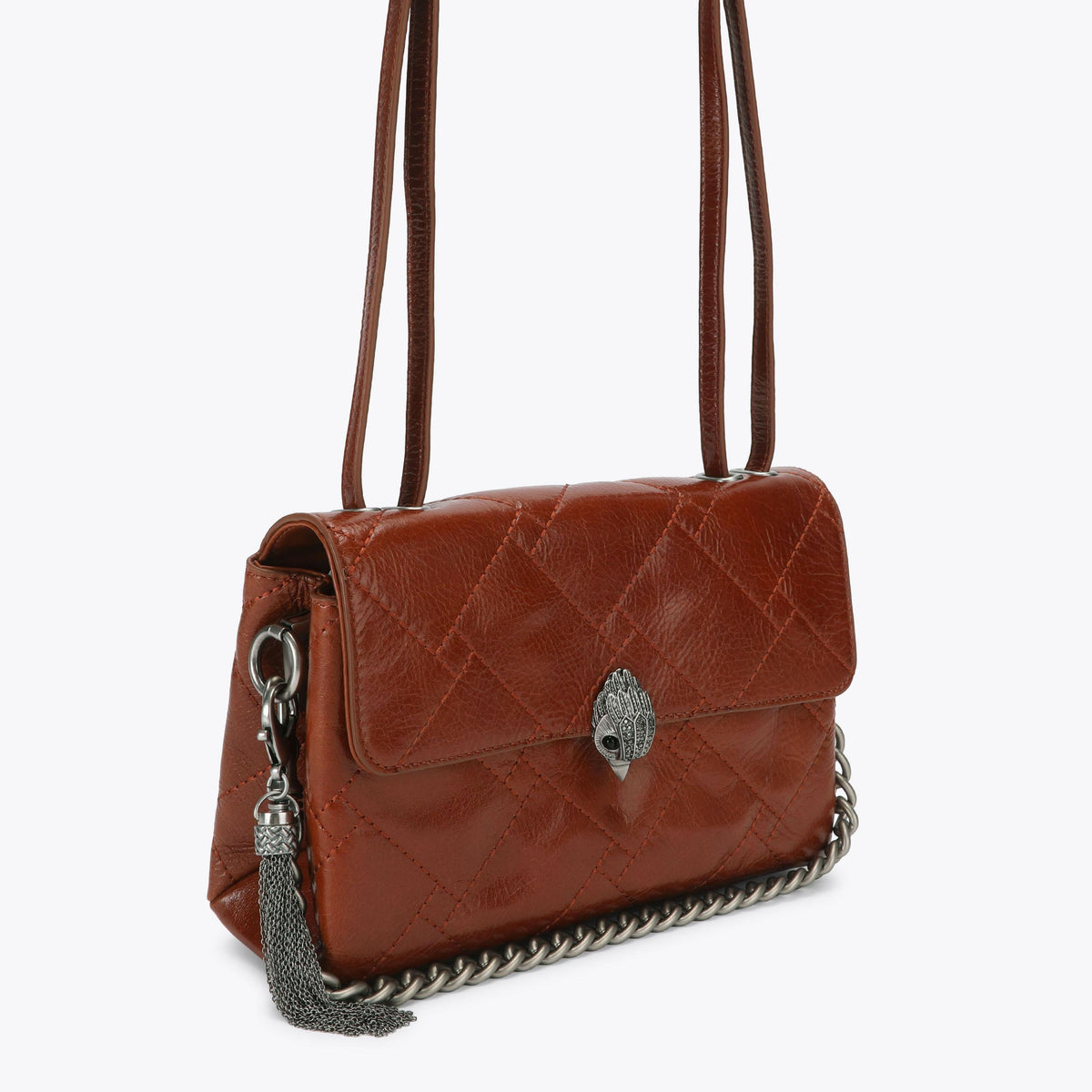 Celia Quilted Flap Shoulder Bag in Tan Patent Leather