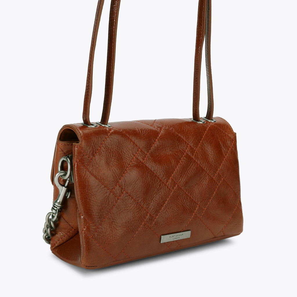 Celia Quilted Flap Shoulder Bag in Tan Patent Leather