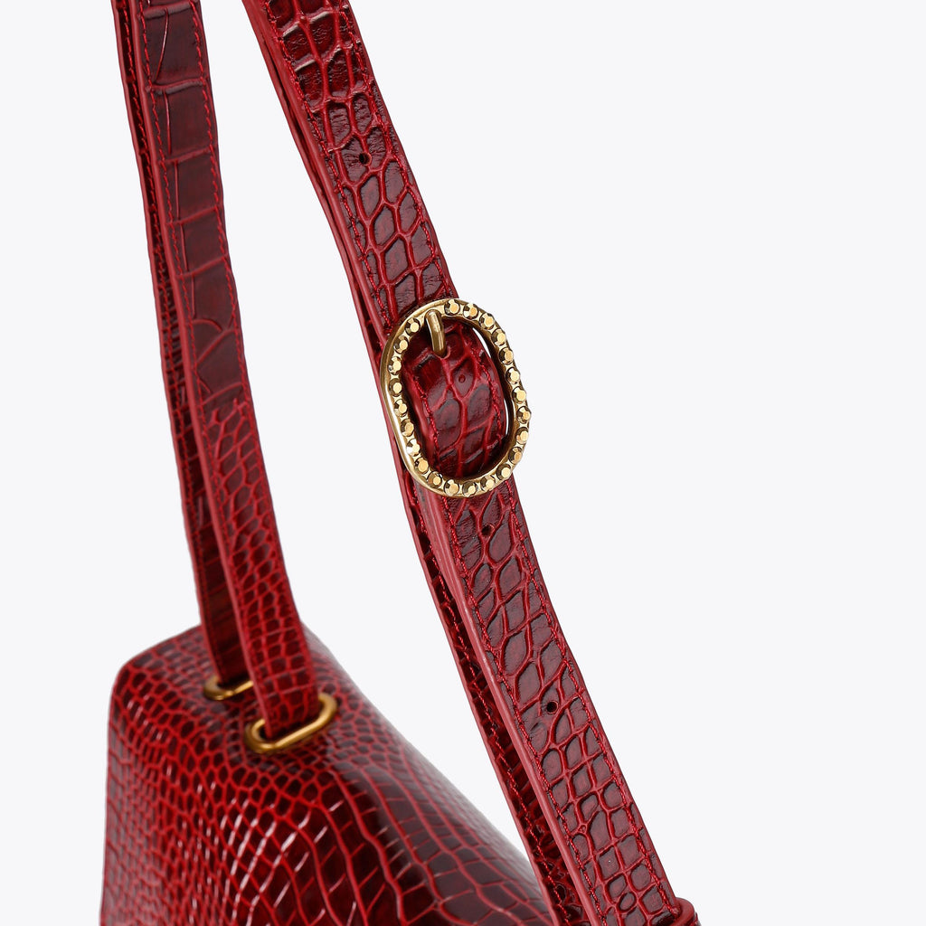 Chelsea Large Slouch Flap Shoulder Bag in Red Croc Emboss