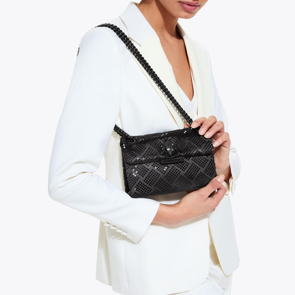 Mini Crystal Kensington Flap Bag in Black Fabric