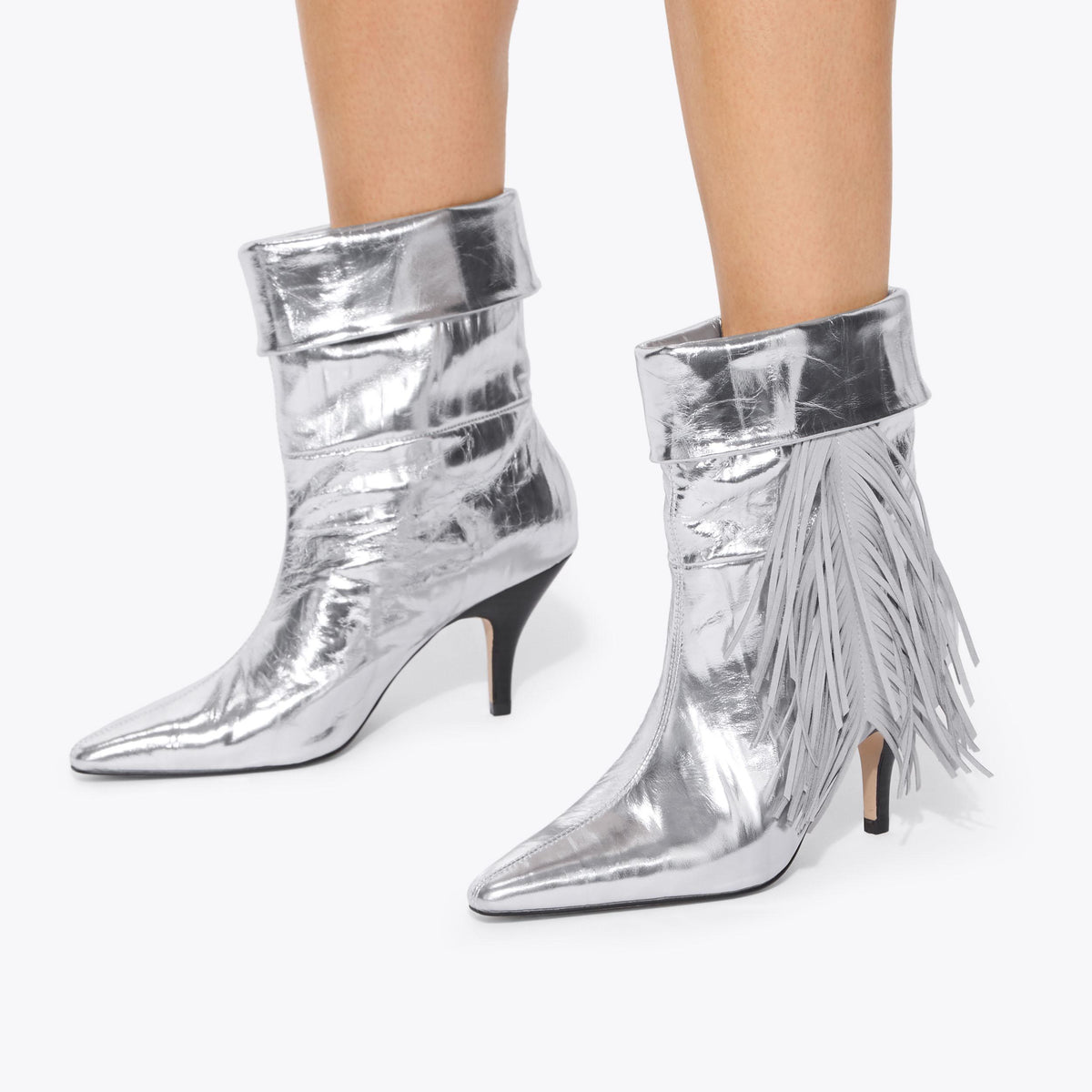 Piccadilly Fringe Slouch Boot in Metallic Silver