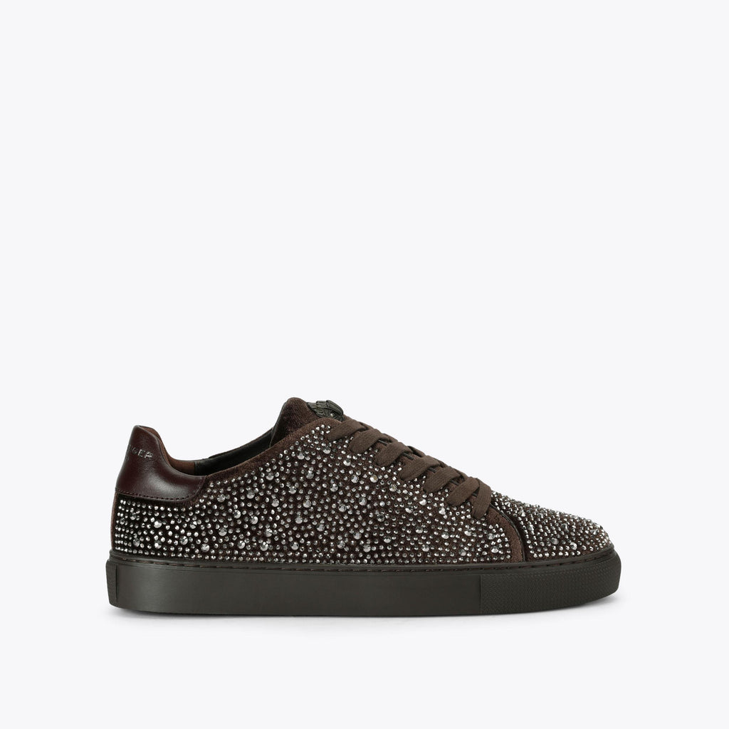 Lennon Crystal Velvet Sneaker in Dark Brown