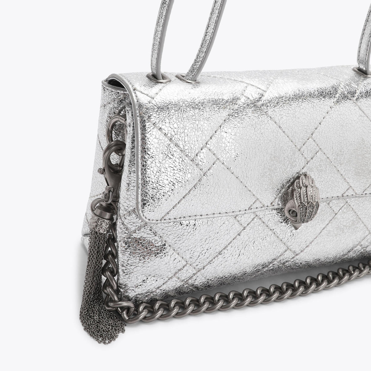 Celia Quilted Flap Shoulder Bag in Silver Leather