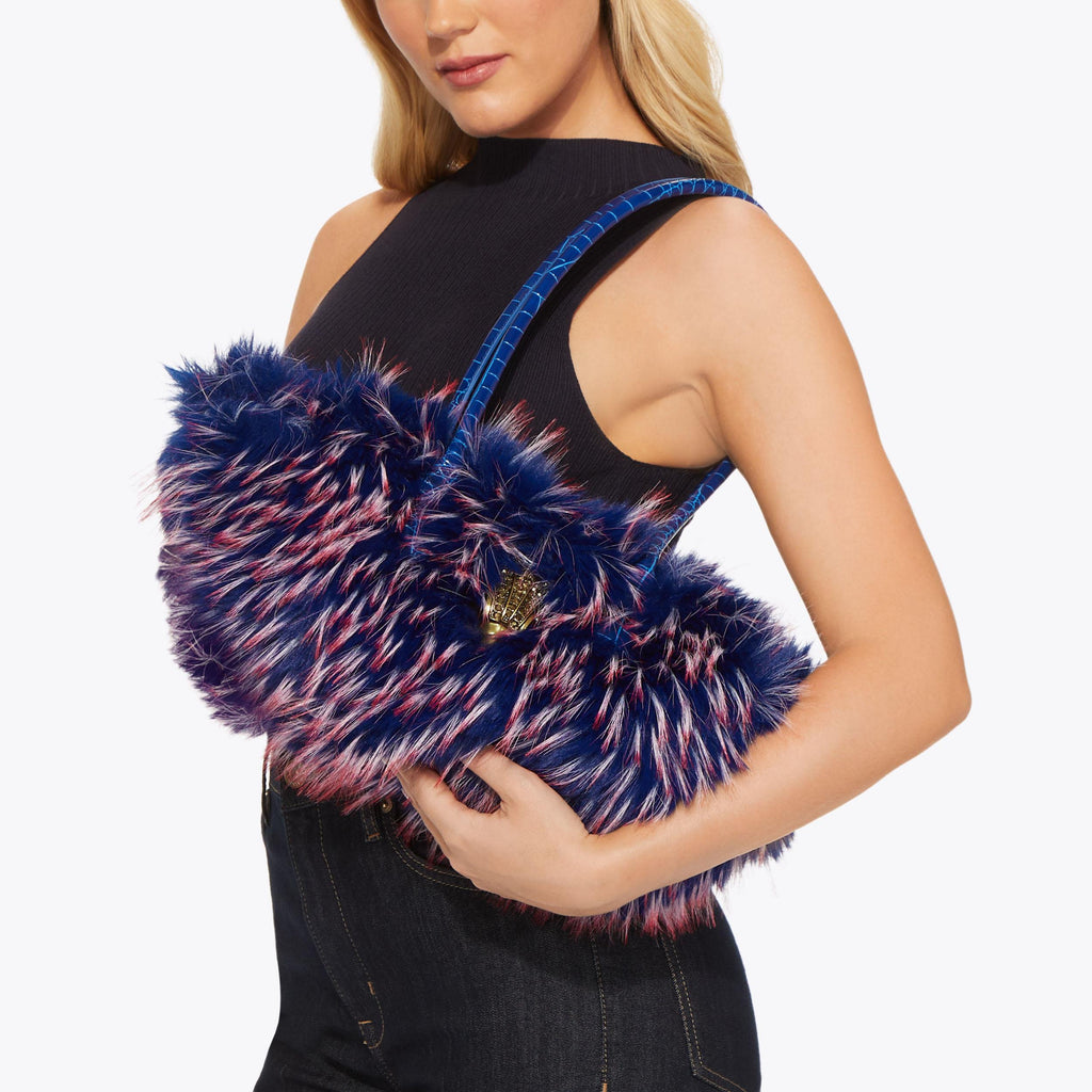Sloane East-West Shoulder Bag in Blue Faux Fur