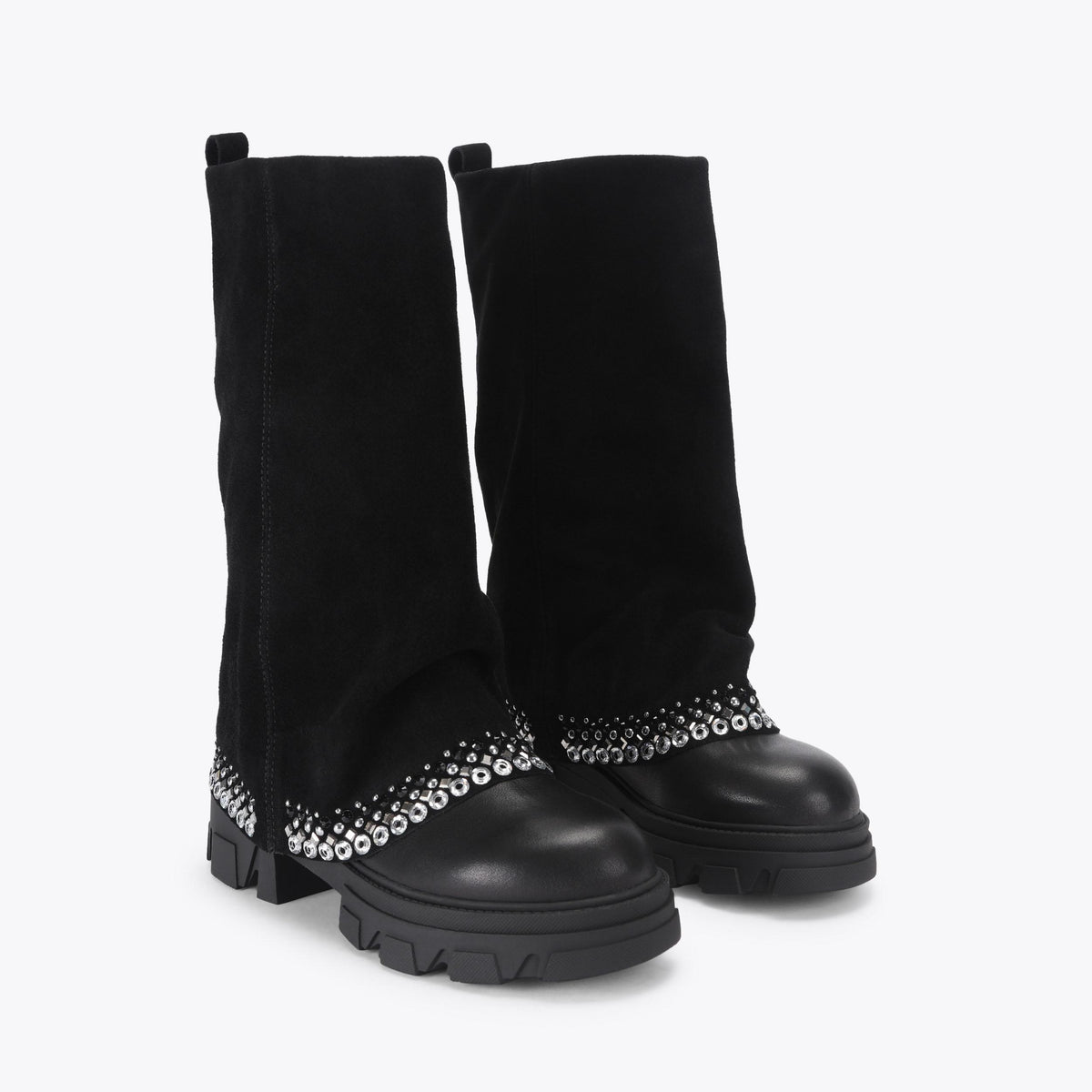 Stomp Foldover Crystal Ankle Boot in Black Suede