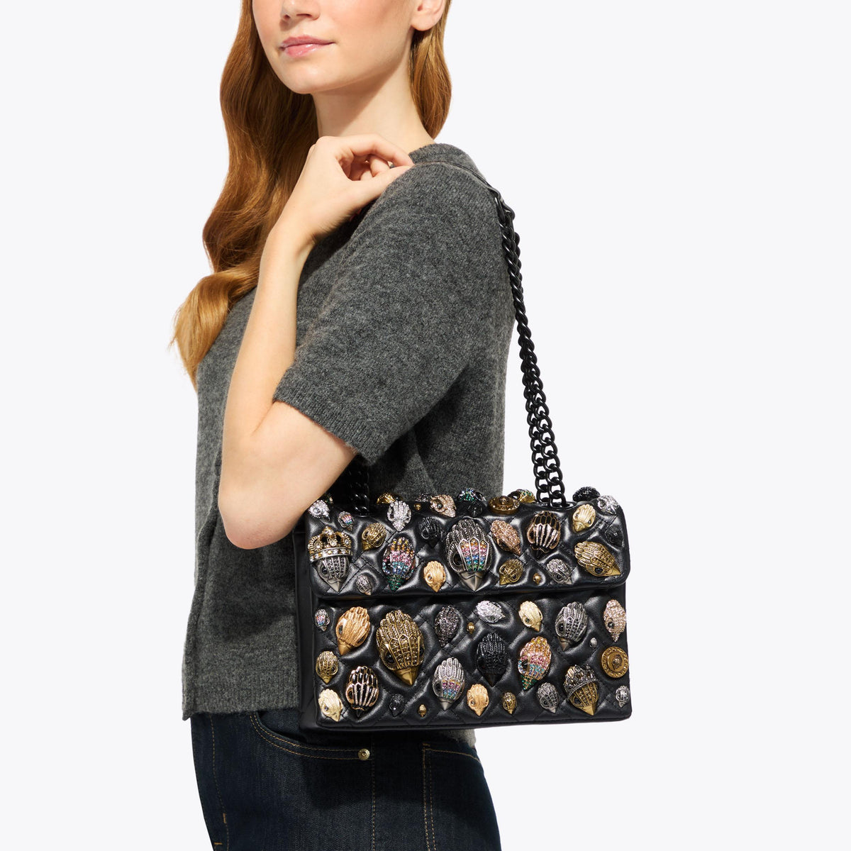 Kensington Eagle Detail Shoulder Bag in Black Leather