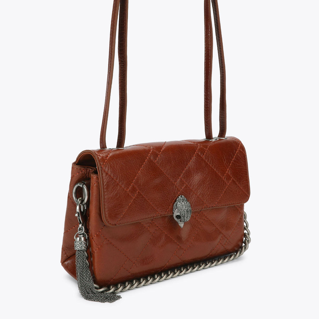 Celia Quilted Flap Shoulder Bag in Tan Patent Leather