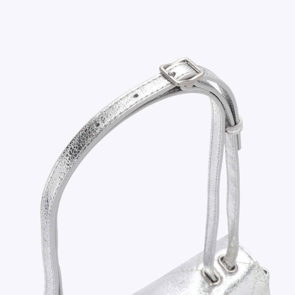 Celia Quilted Flap Shoulder Bag in Silver Leather