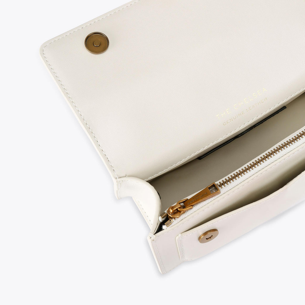 Small Chelsea East-West Flap Bag in Bone White Leather