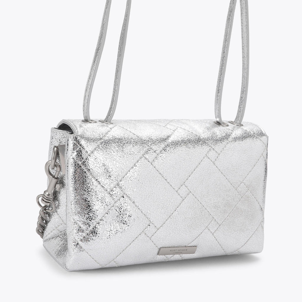 Celia Quilted Flap Shoulder Bag in Silver Leather