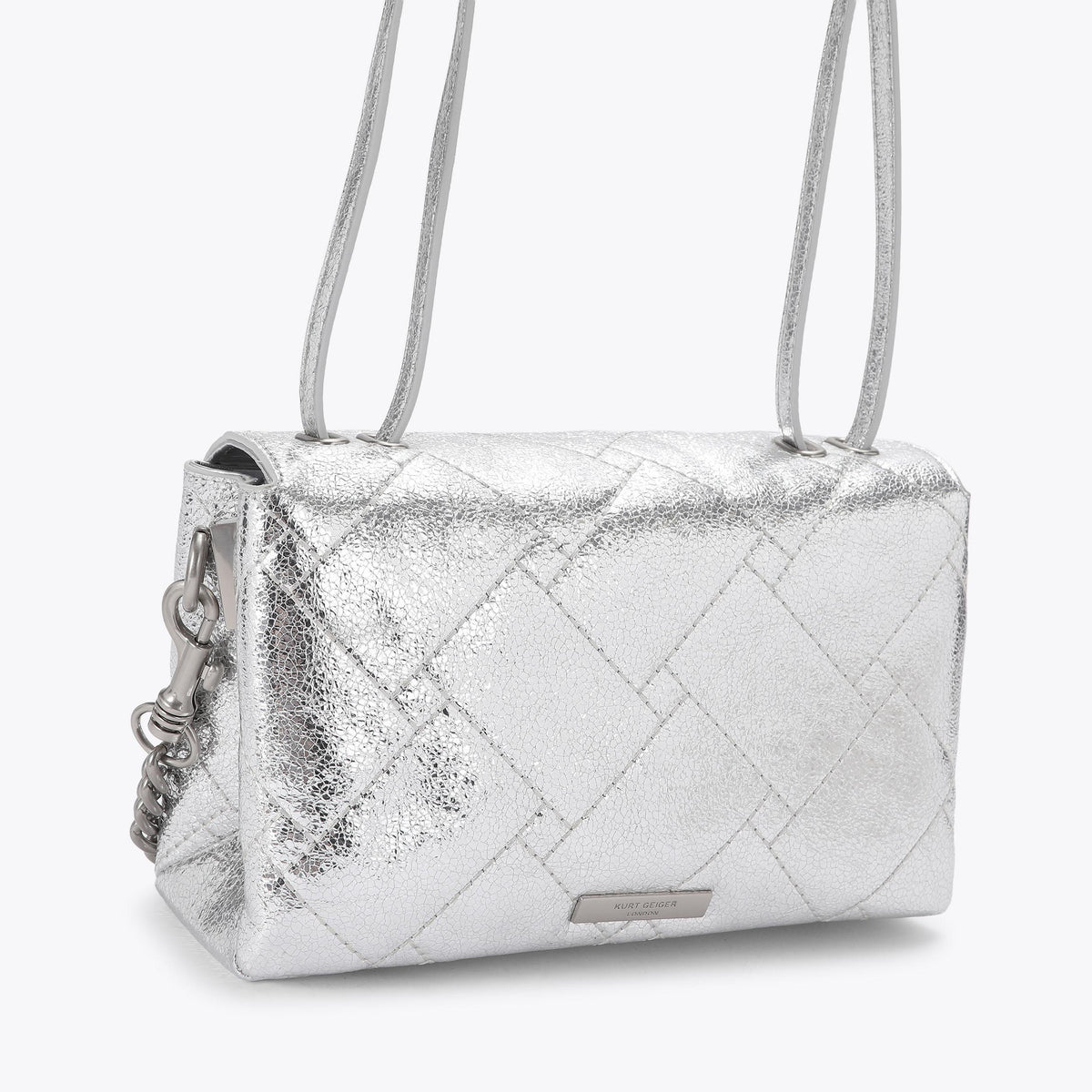 Celia Quilted Flap Shoulder Bag in Silver Leather