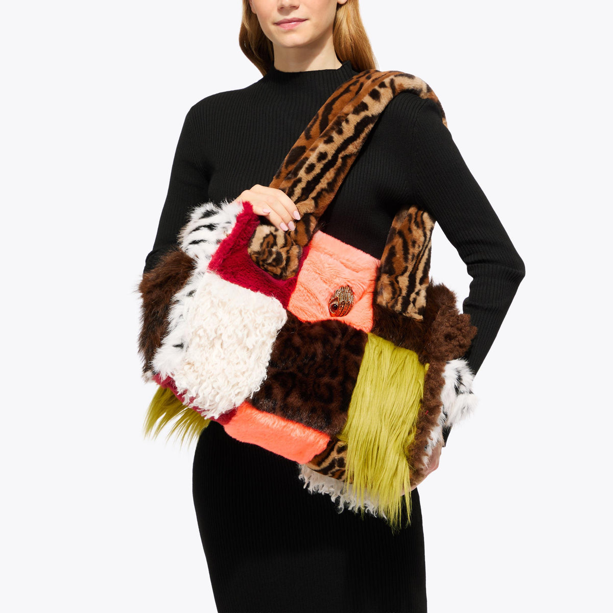 Celia Panelled Tote Bag in Multicolour Faux Fur