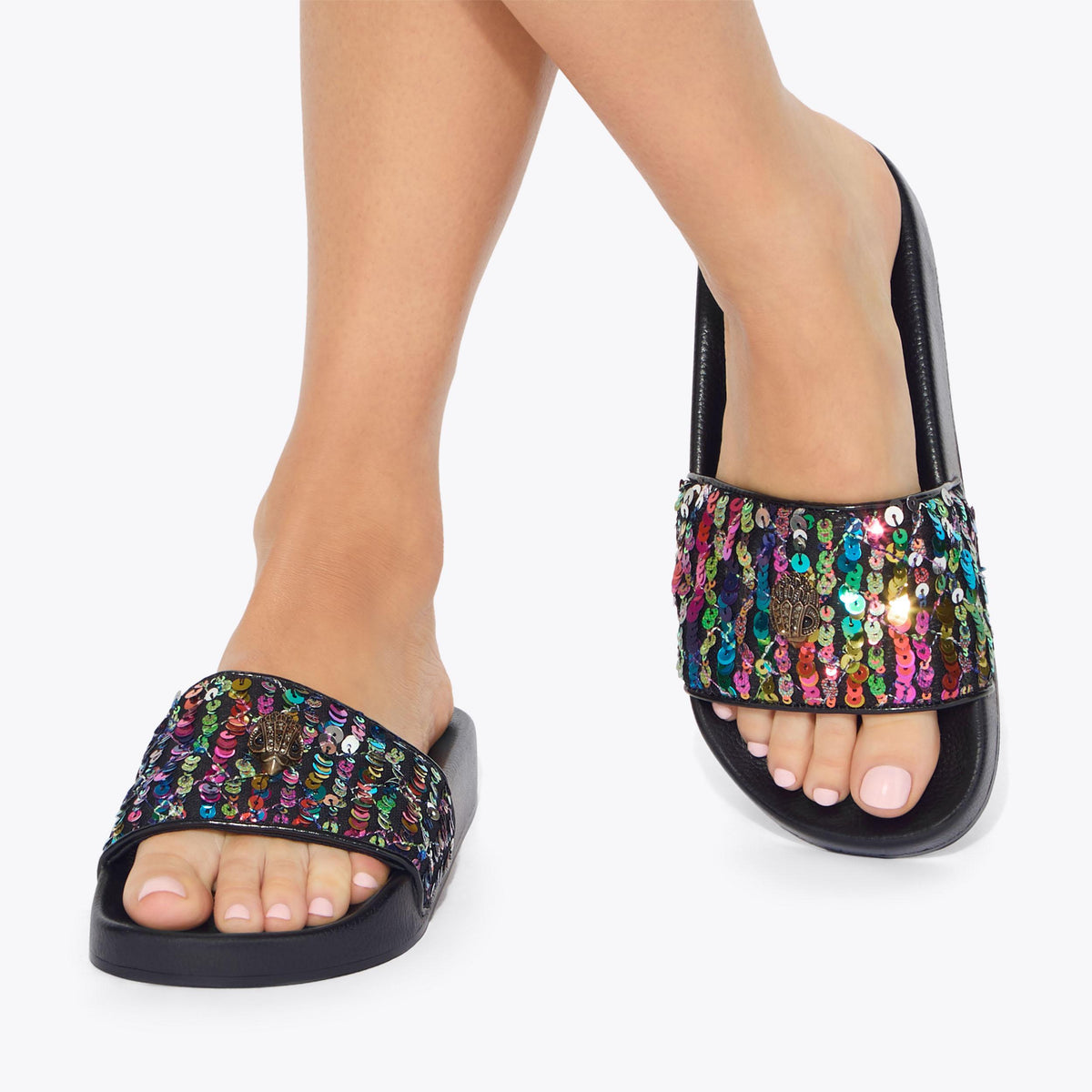 Meena Eagle Slide Sandals in Black Sequin Fabric