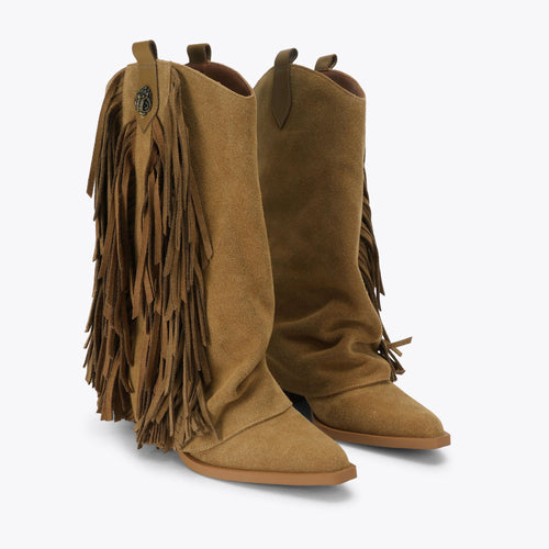 Albany Fringe Western Boot in Tan Suede