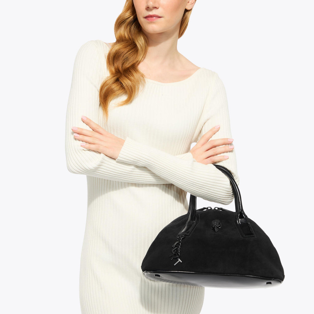 Sloane Bowling Shoulder Bag in Black Suede