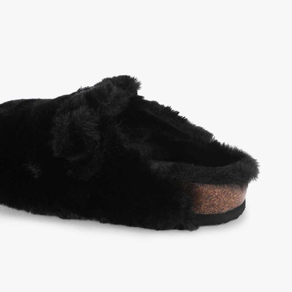 Snug Eagle Backless Mule in Black Faux Fur