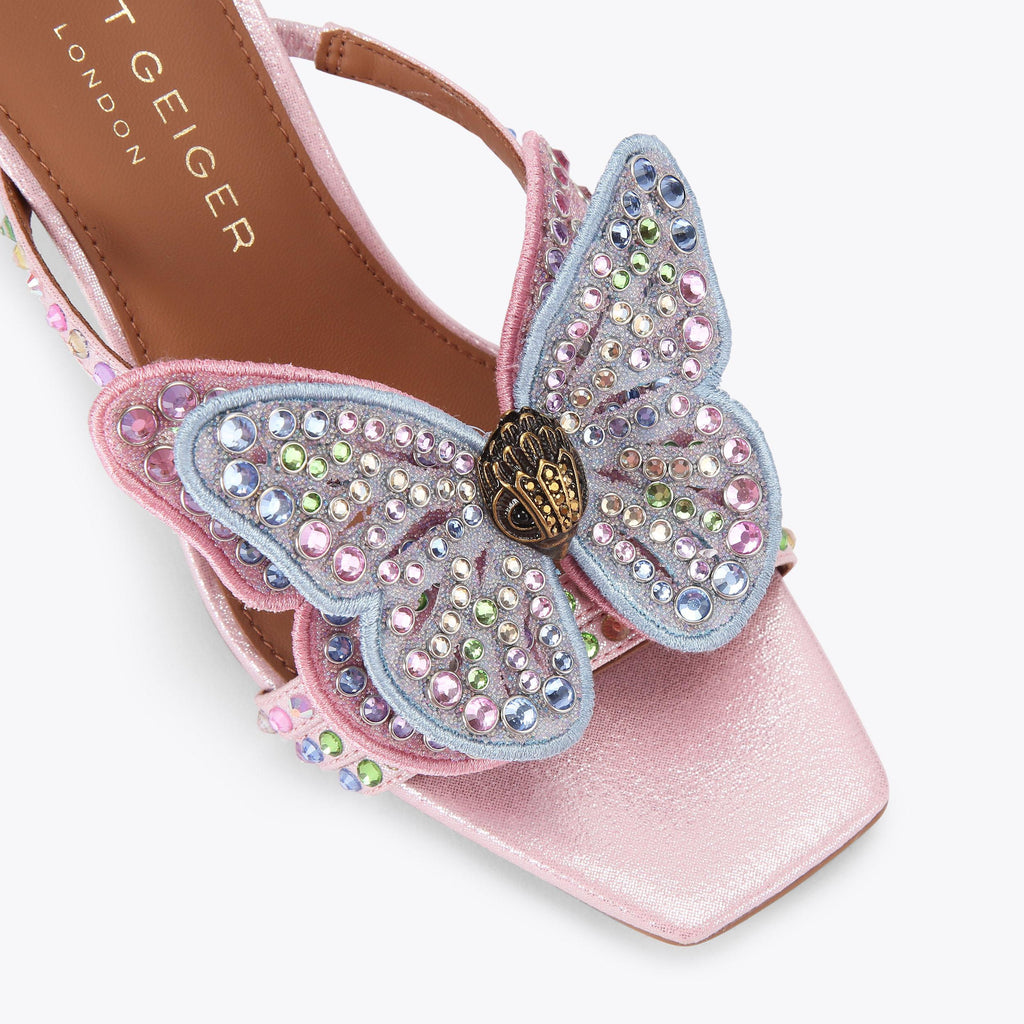 Big Butterfly Crystal Mule Heel in Pale Pink Satin