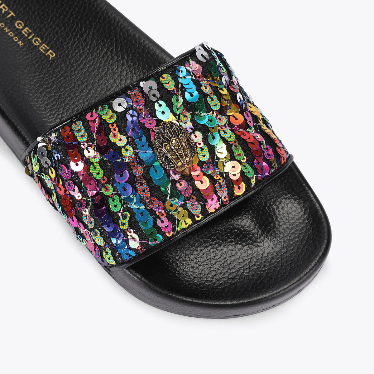 Meena Eagle Slide Sandals in Black Sequin Fabric