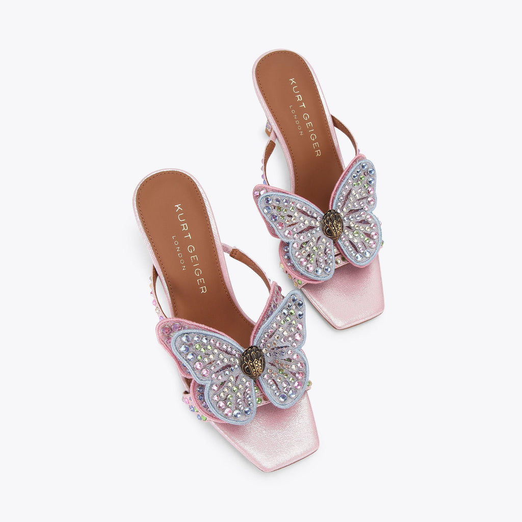 Big Butterfly Crystal Mule Heel in Pale Pink Satin