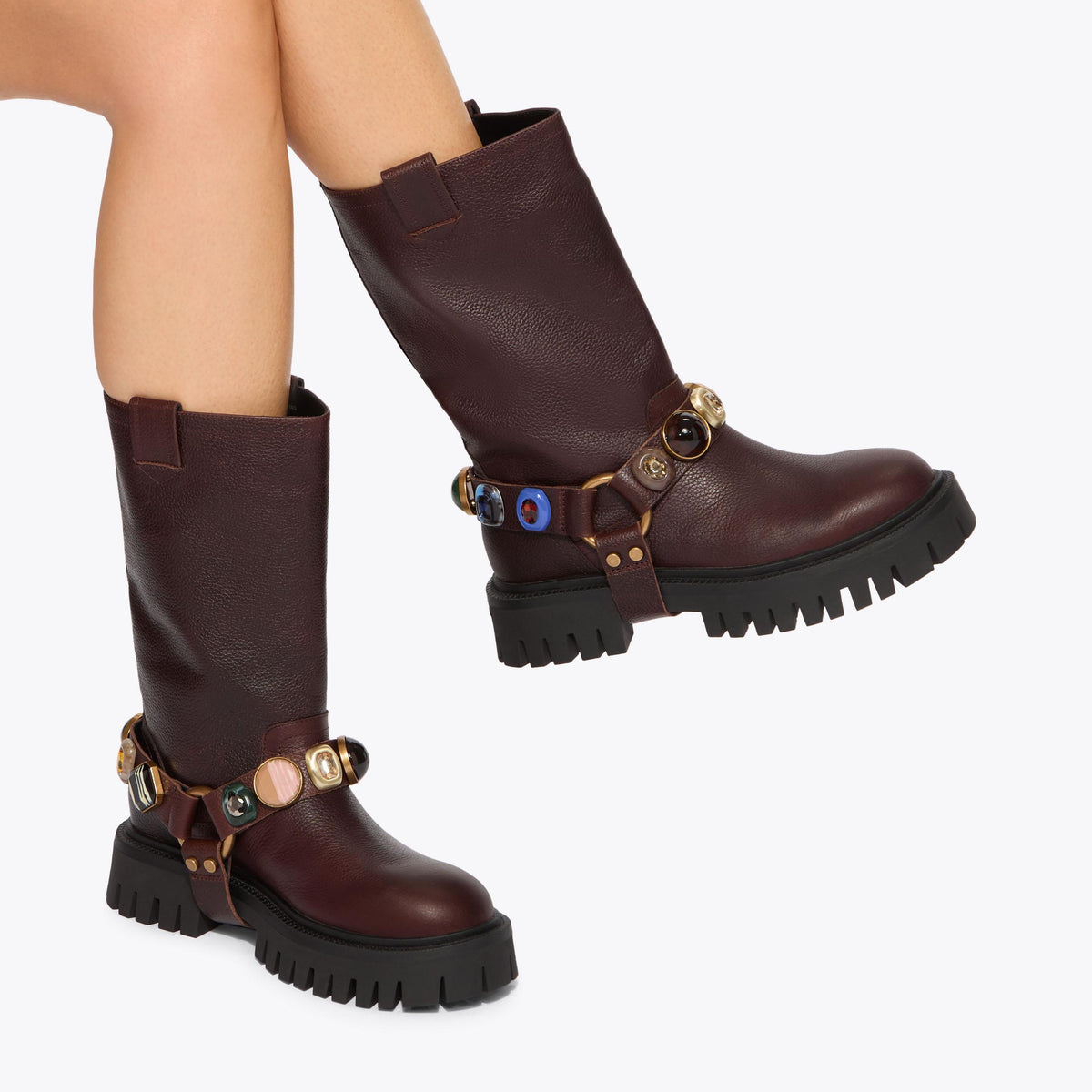 Loulou Harness Biker Boot in Brown Leather