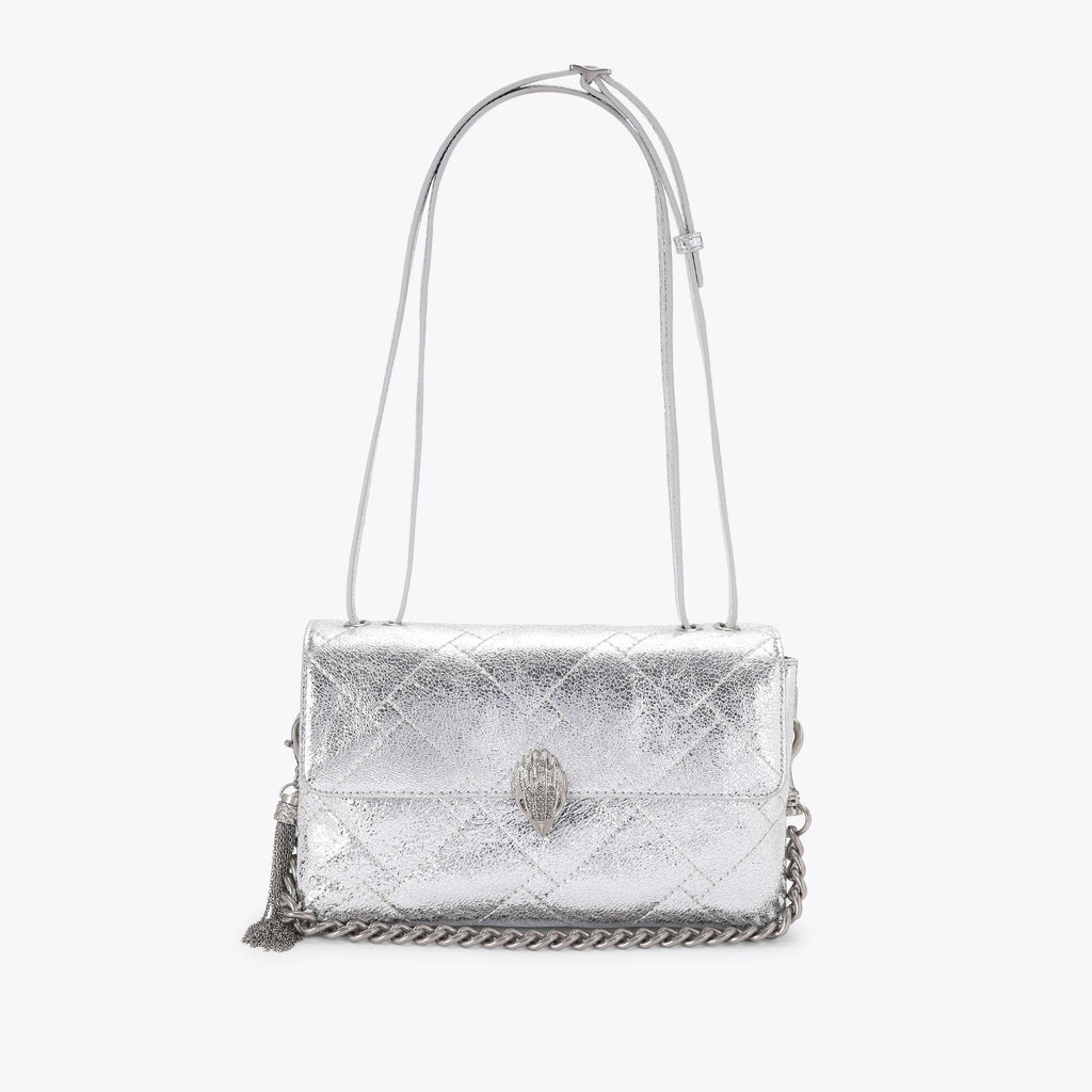 Celia Quilted Flap Shoulder Bag in Silver Leather