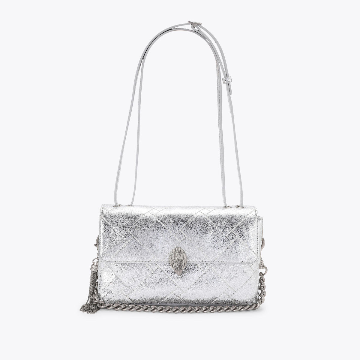 Celia Quilted Flap Shoulder Bag in Silver Leather