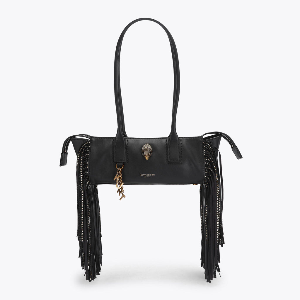 Sloane East-West Fringe Shoulder Bag in Black Leather