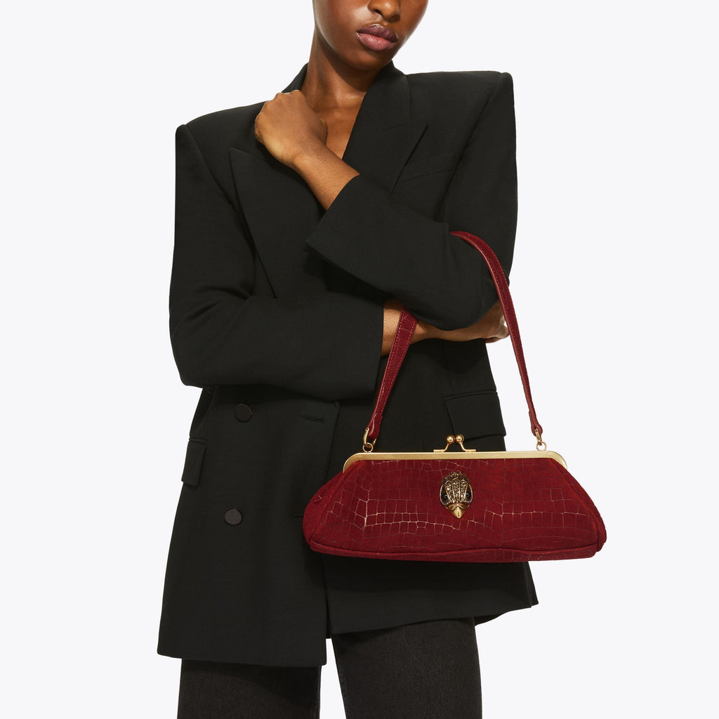 Kensington Frame Shoulder Bag in Wine Croc Suede