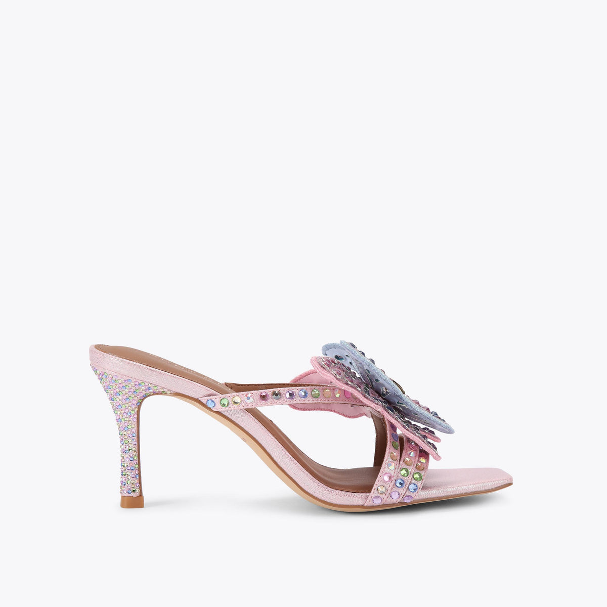 Big Butterfly Crystal Mule Heel in Pale Pink Satin