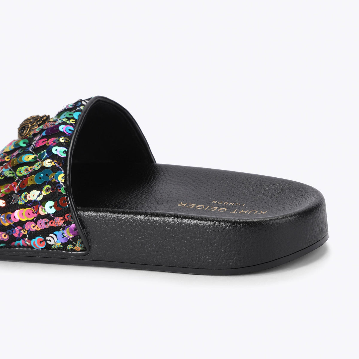 Meena Eagle Slide Sandals in Black Sequin Fabric