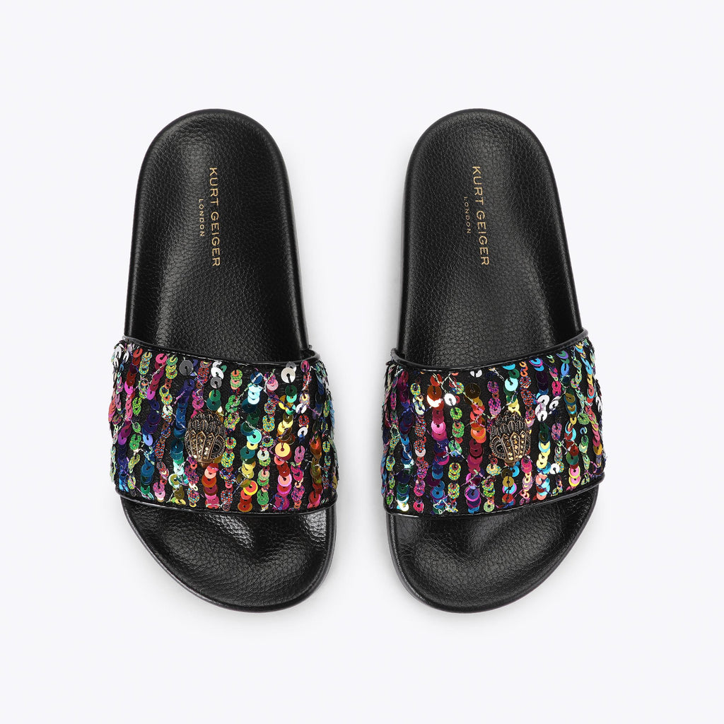 Meena Eagle Slide Sandals in Black Sequin Fabric