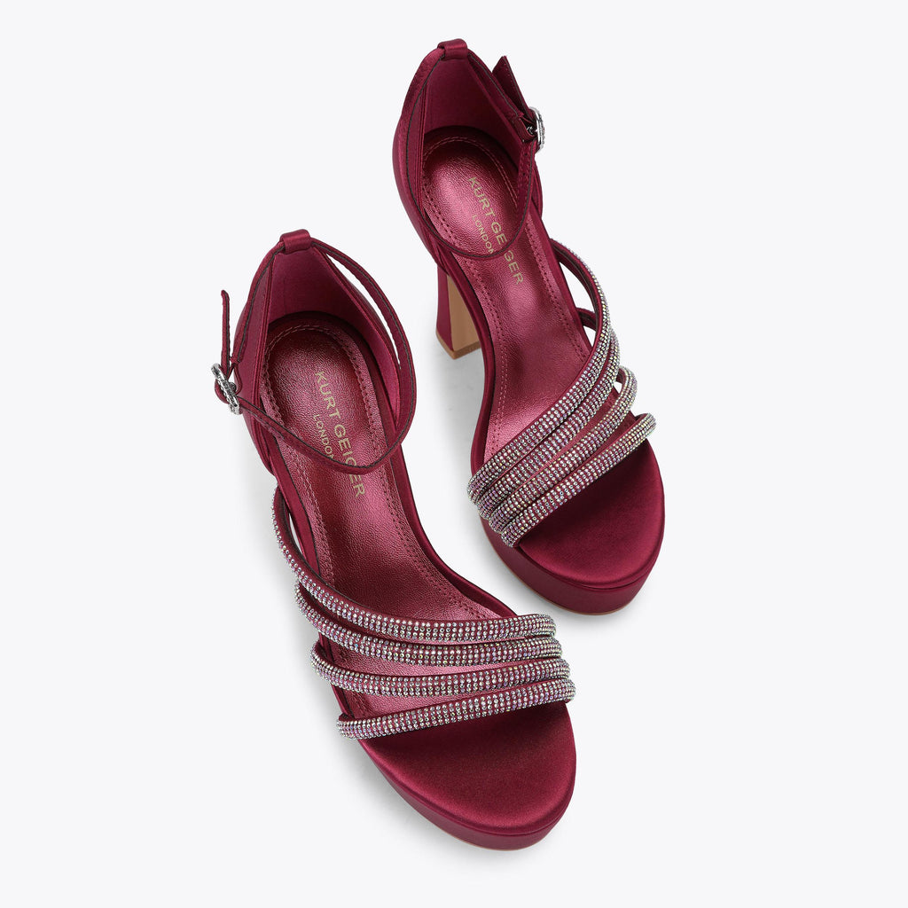 Annabel Platform Heeled Sandal in Wine Red Satin
