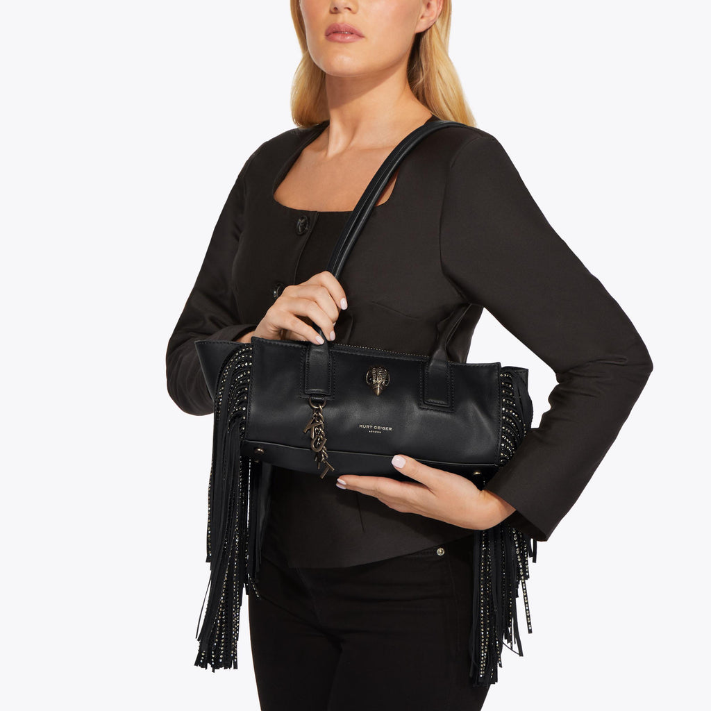Sloane East-West Fringe Shoulder Bag in Black Leather