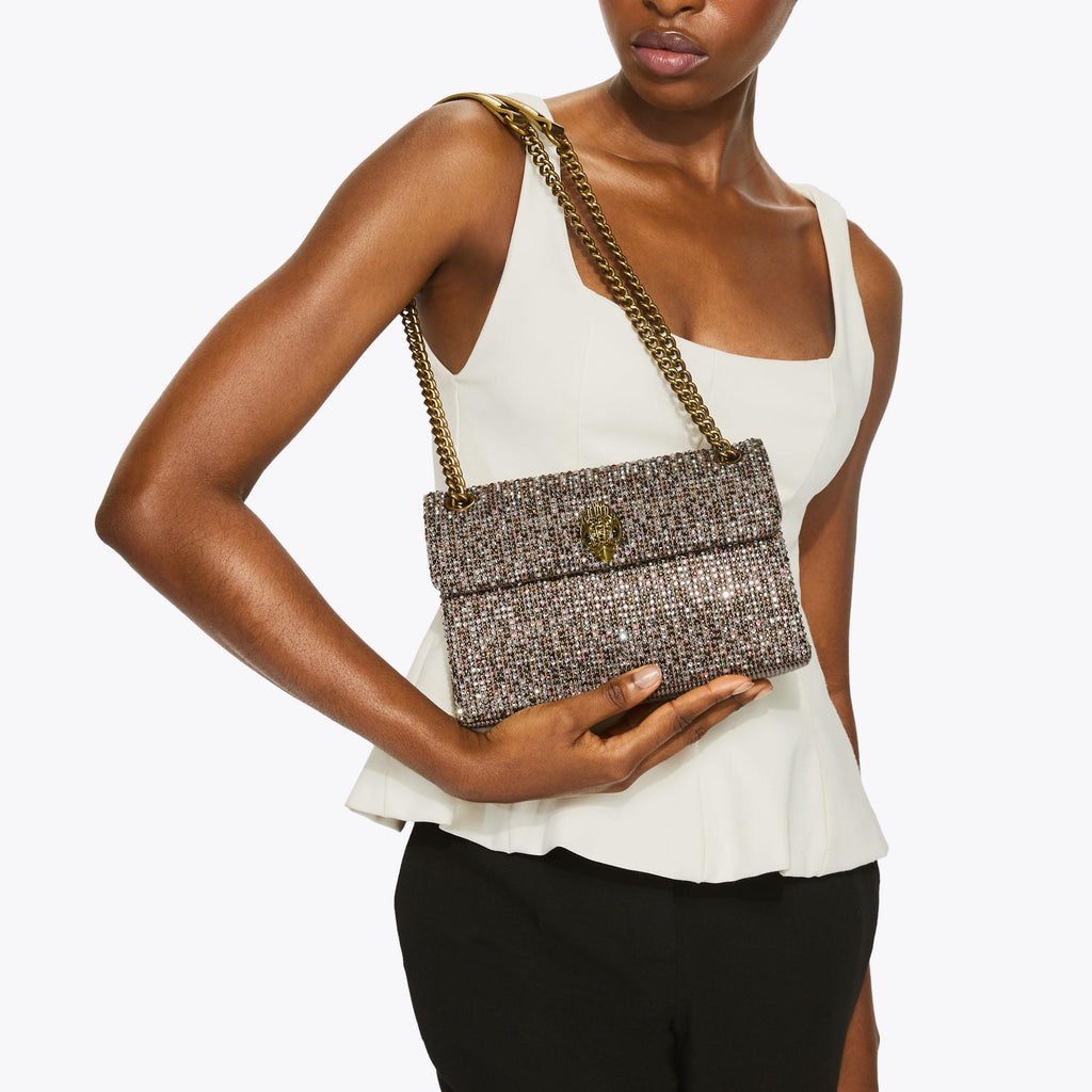 Medium Fabric Kensington Flap Bag in Beige Houndstooth