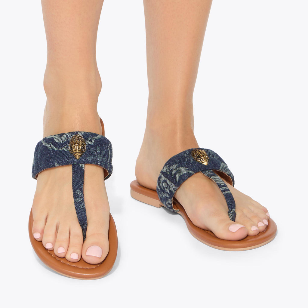 Kensington T-bar Sandals in Blue Denim Print