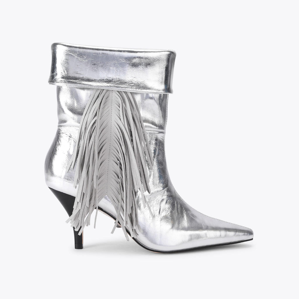 Piccadilly Fringe Slouch Boot in Metallic Silver