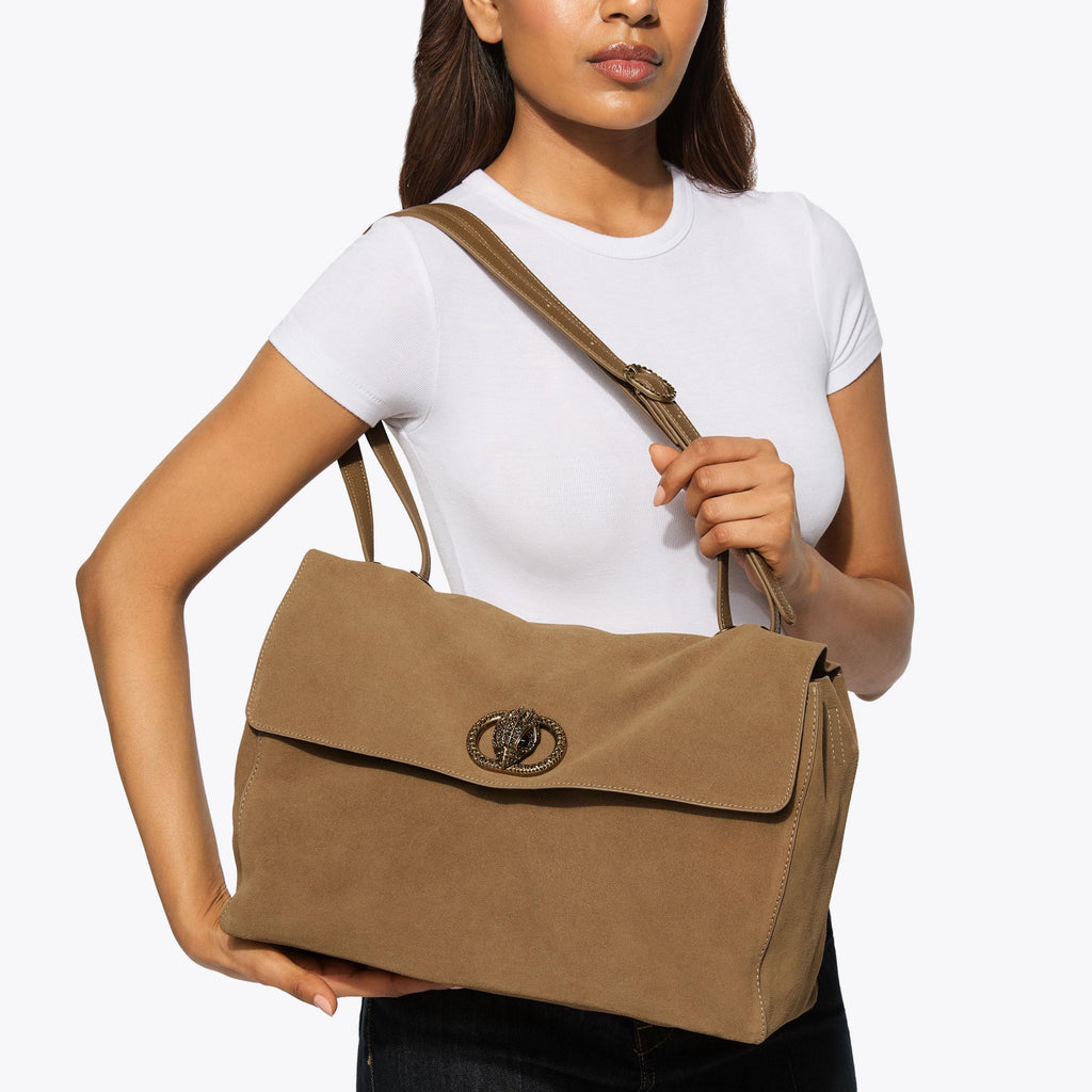 Chelsea Large Slouch Flap Shoulder Bag in Tan Suede