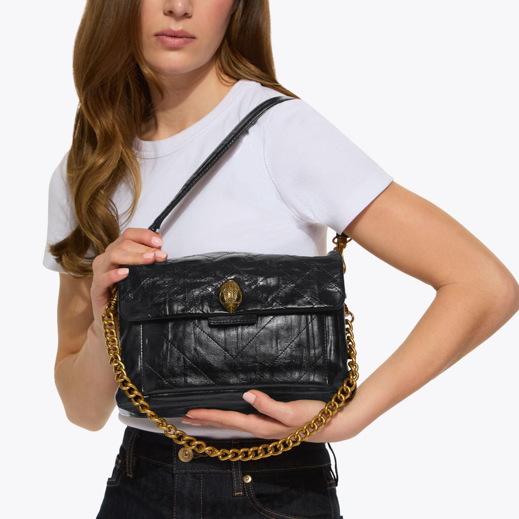 Celia Quilted Shoulder Bag in Black Crinkled Leather
