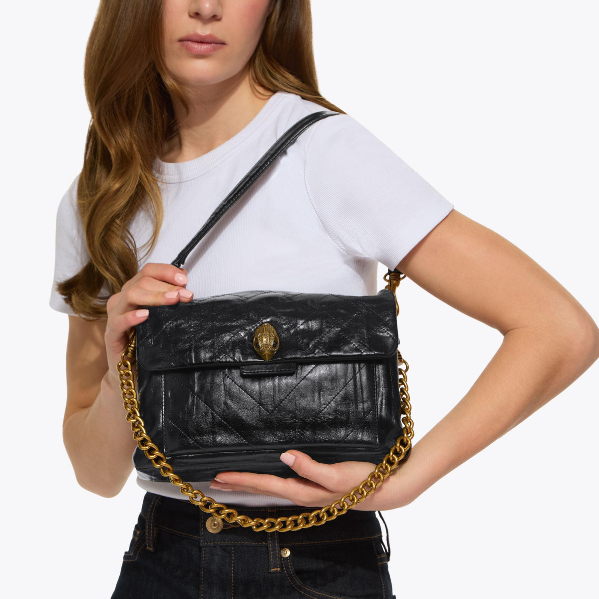 Celia Quilted Shoulder Bag in Black Crinkled Leather