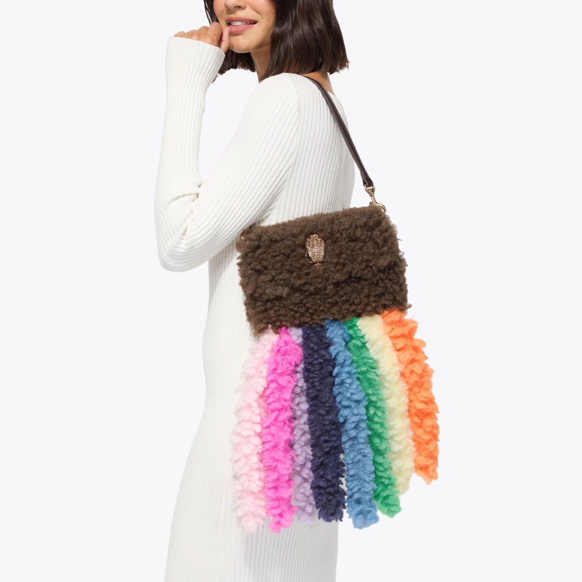 Medium Kensington Faux Fur Tassel Bag in Brown Shearling