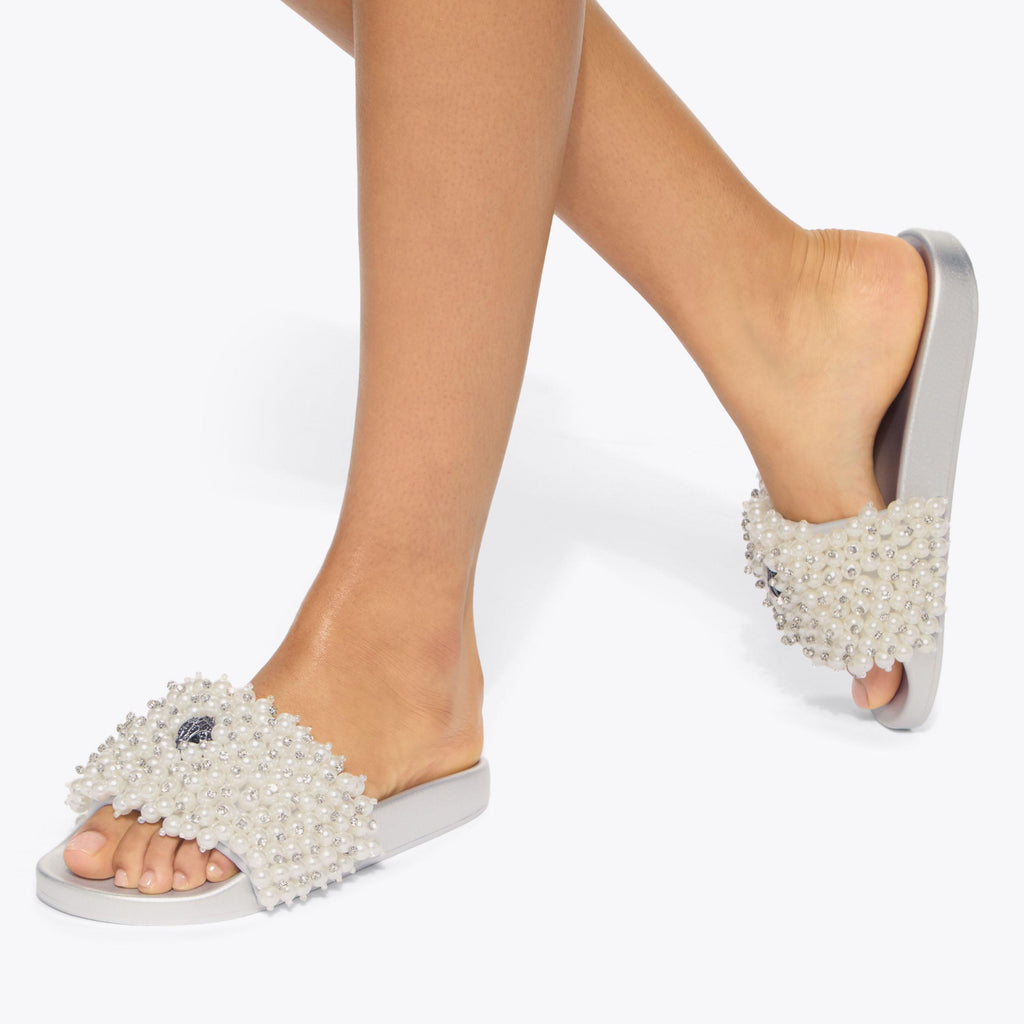Meena Eagle Bead Slide Sandals in Beige Pearl