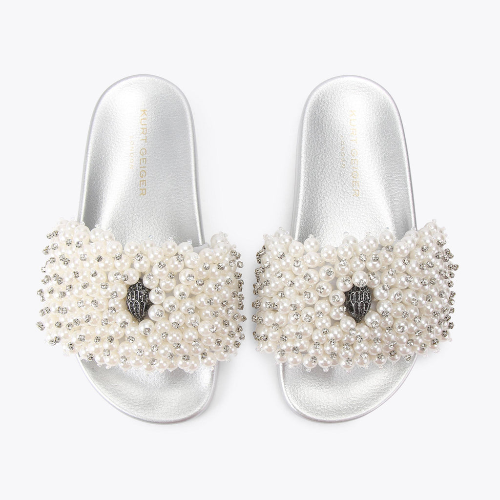 Meena Eagle Bead Slide Sandals in Beige Pearl