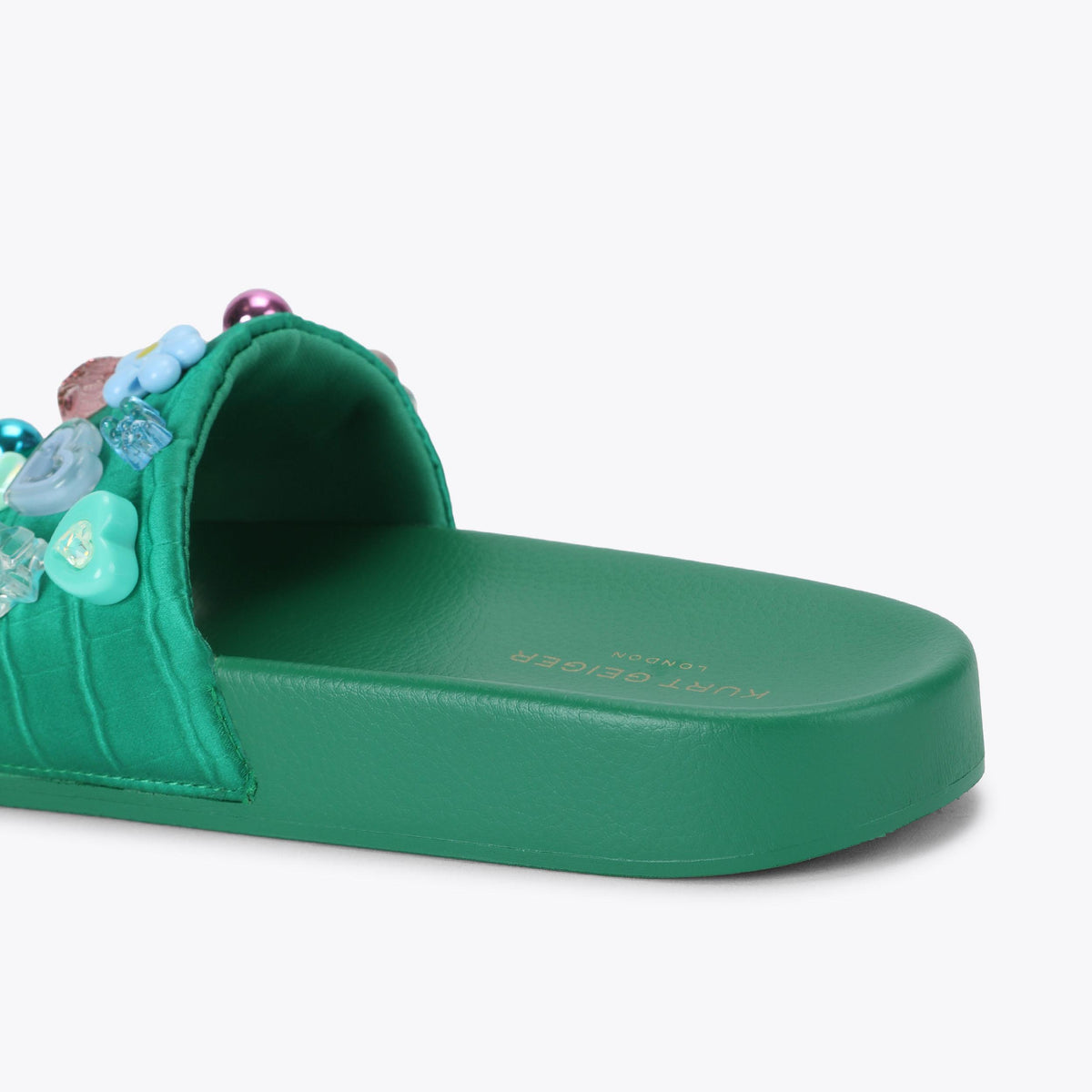 Meena Eagle Slide Sandals in Green Satin Croc