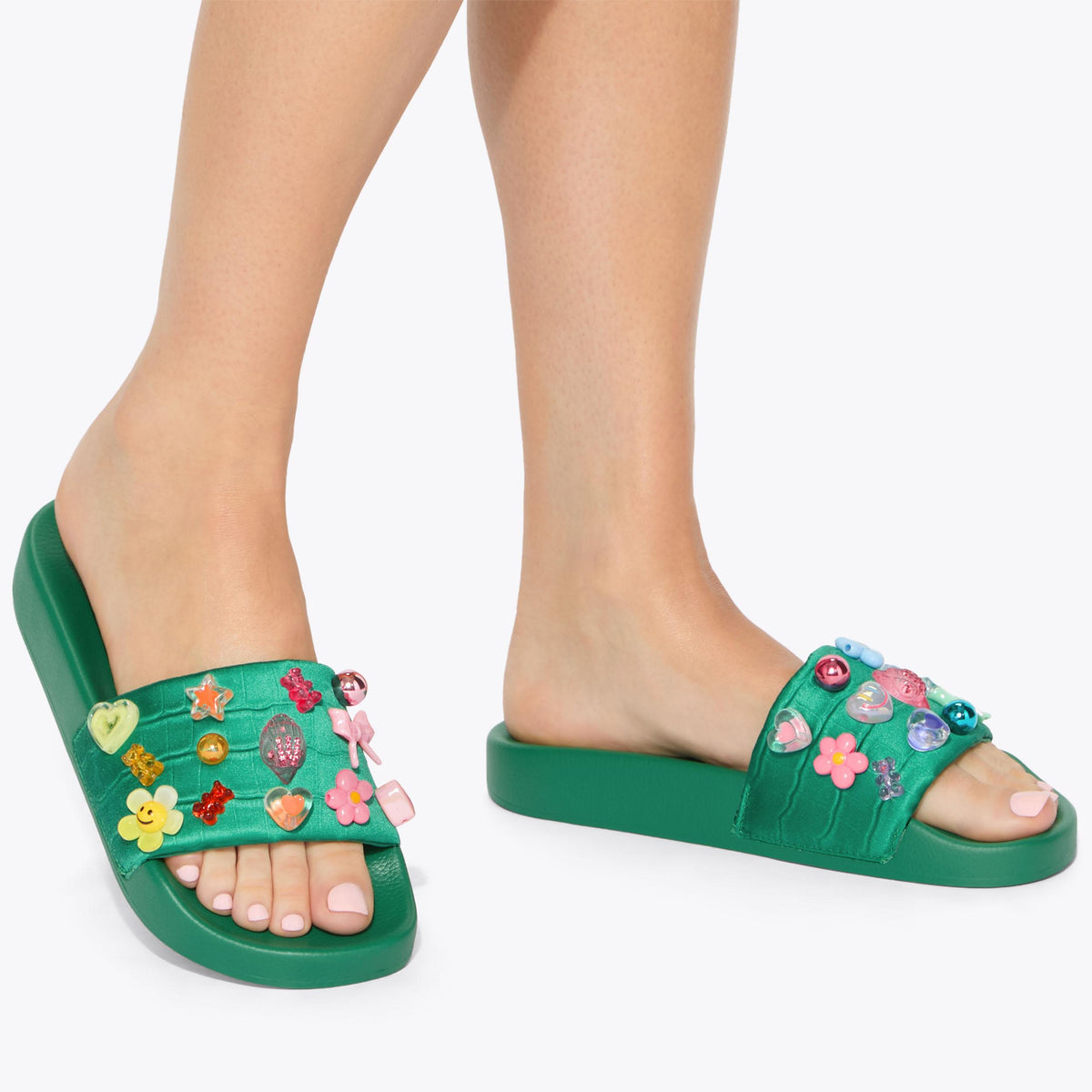 Meena Eagle Slide Sandals in Green Satin Croc