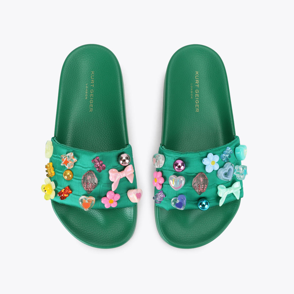 Meena Eagle Slide Sandals in Green Satin Croc