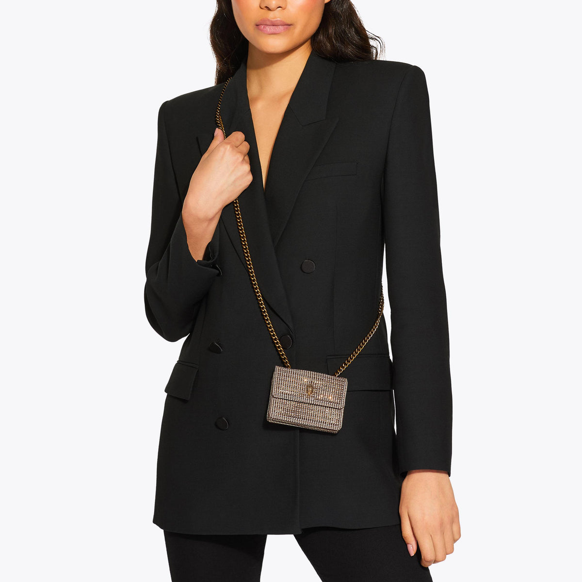 Micro Kensington Flap Bag in Beige Houndstooth Gold Crystal