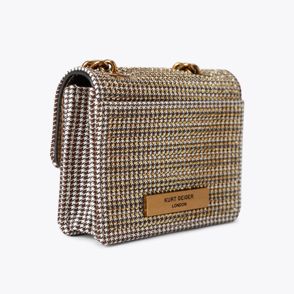 Micro Kensington Flap Bag in Beige Houndstooth Gold Crystal